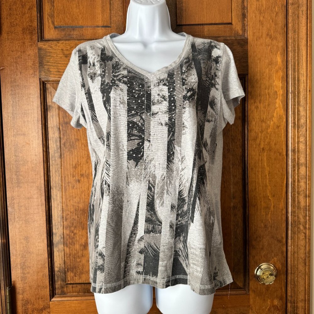 Style & Co Sport Gray & Black w/Abstract Leaves & Faux Diamond Studs Pullover M